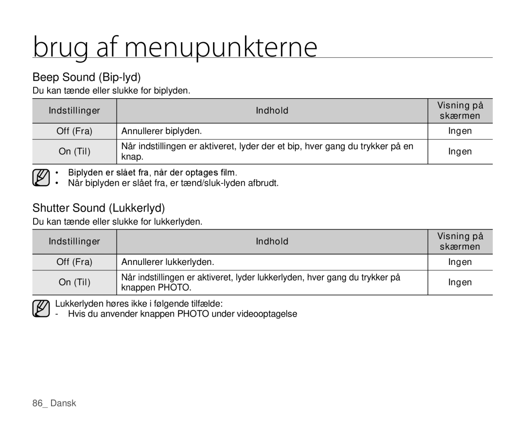 Samsung HMX-H106SP/EDC, HMX-H105BP/EDC, HMX-H100P/EDC, HMX-H104BP/EDC manual Beep Sound Bip-lyd, Shutter Sound Lukkerlyd 