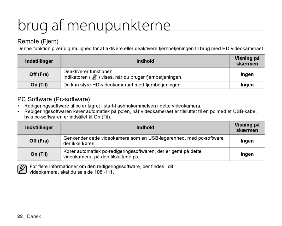 Samsung HMX-H104BP/EDC manual Remote Fjern, PC Software Pc-software, Indikatoren vises, når du bruger fjernbetjeningen 