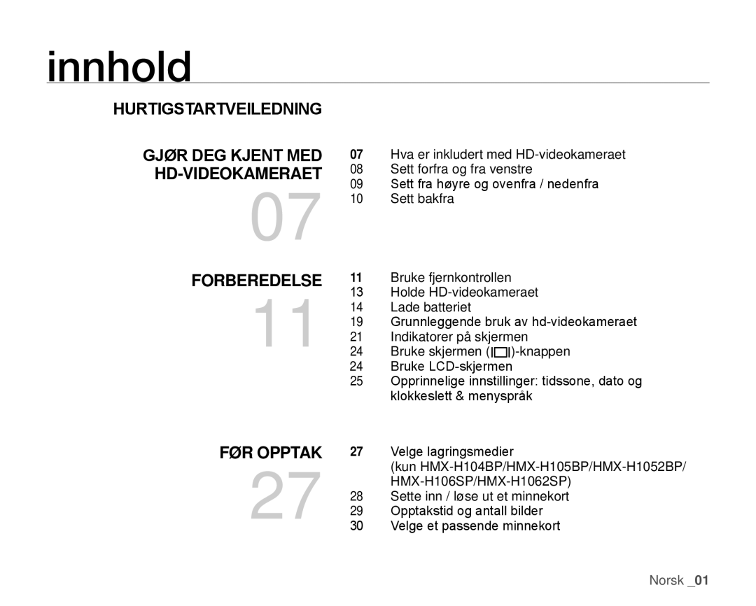 Samsung HMX-H106SP/EDC manual Innhold, Hurtigstartveiledning, Gjør DEG Kjent MED HD-VIDEOKAMERAET, Forberedelse, FØR Opptak 