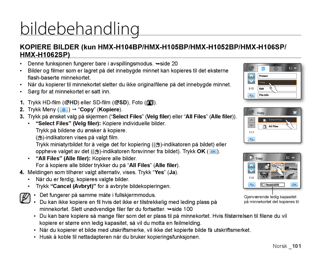 Samsung HMX-H106SP/EDC manual Select Files Velg ﬁler Kopiere individuelle bilder, All Files Alle ﬁler Kopiere alle bilder 