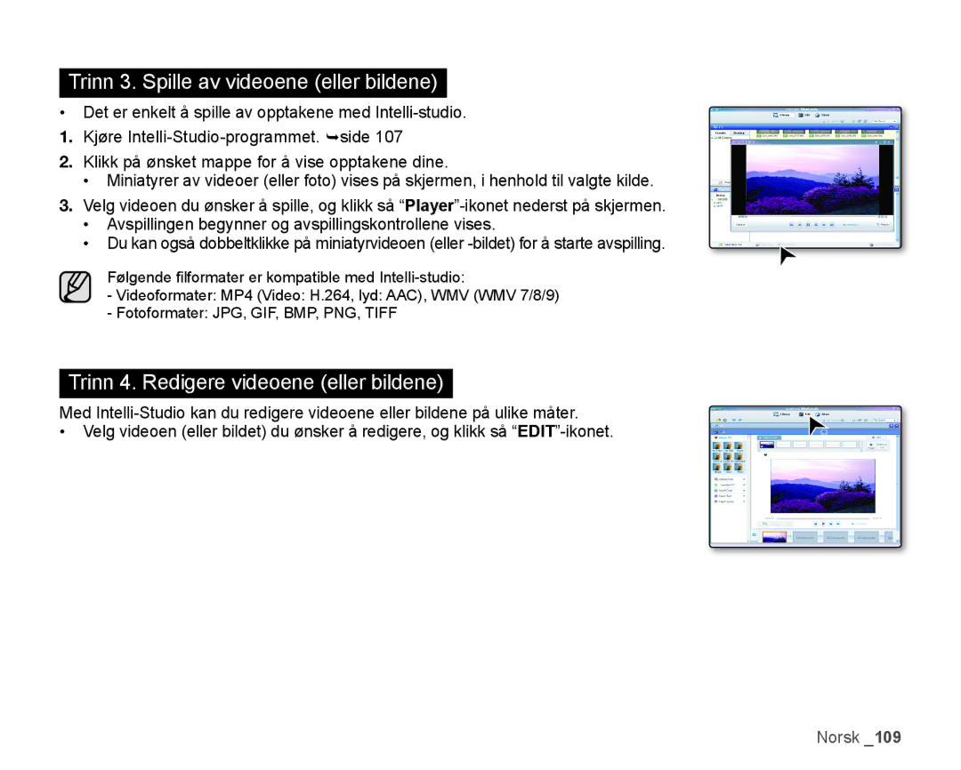 Samsung HMX-H1000P/EDC, HMX-H105BP/EDC, HMX-H106SP/EDC, HMX-H100P/EDC manual Trinn 3. Spille av videoene eller bildene 