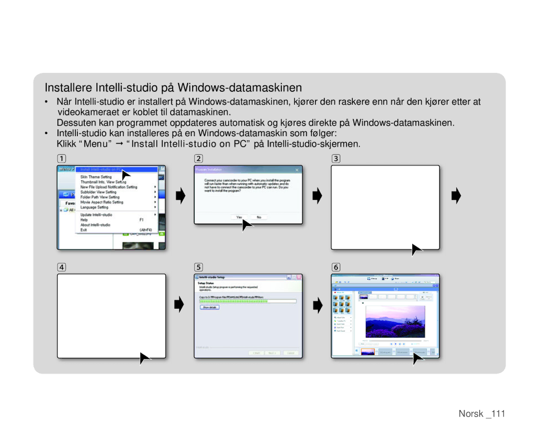 Samsung HMX-H106SP/EDC, HMX-H105BP/EDC, HMX-H100P/EDC, HMX-H104BP/EDC manual Installere Intelli-studio på Windows-datamaskinen 