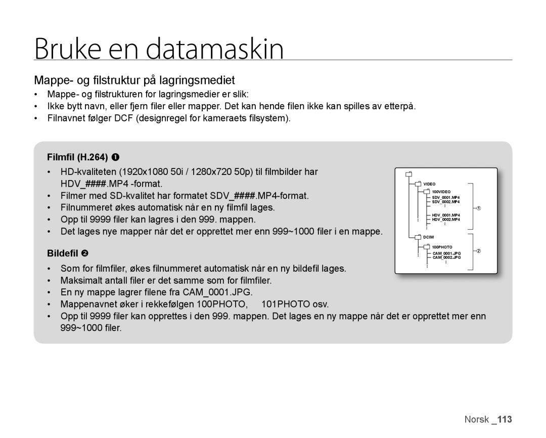 Samsung HMX-H104BP/EDC, HMX-H105BP/EDC, HMX-H106SP/EDC, HMX-H100P/EDC, HMX-H1000P/EDC Mappe- og ﬁ lstruktur på lagringsmediet 