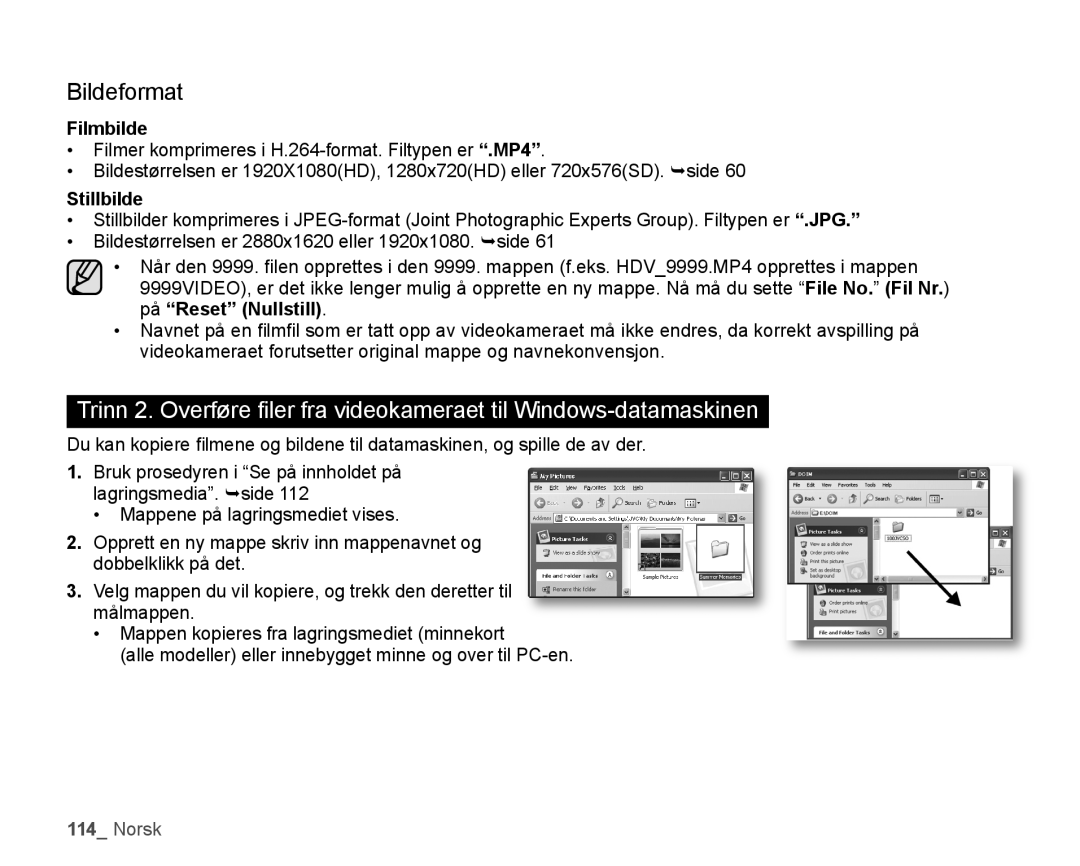 Samsung HMX-H1000P/EDC, HMX-H105BP/EDC, HMX-H106SP/EDC, HMX-H100P/EDC, HMX-H104BP/EDC manual Bildeformat, Filmbilde, Stillbilde 