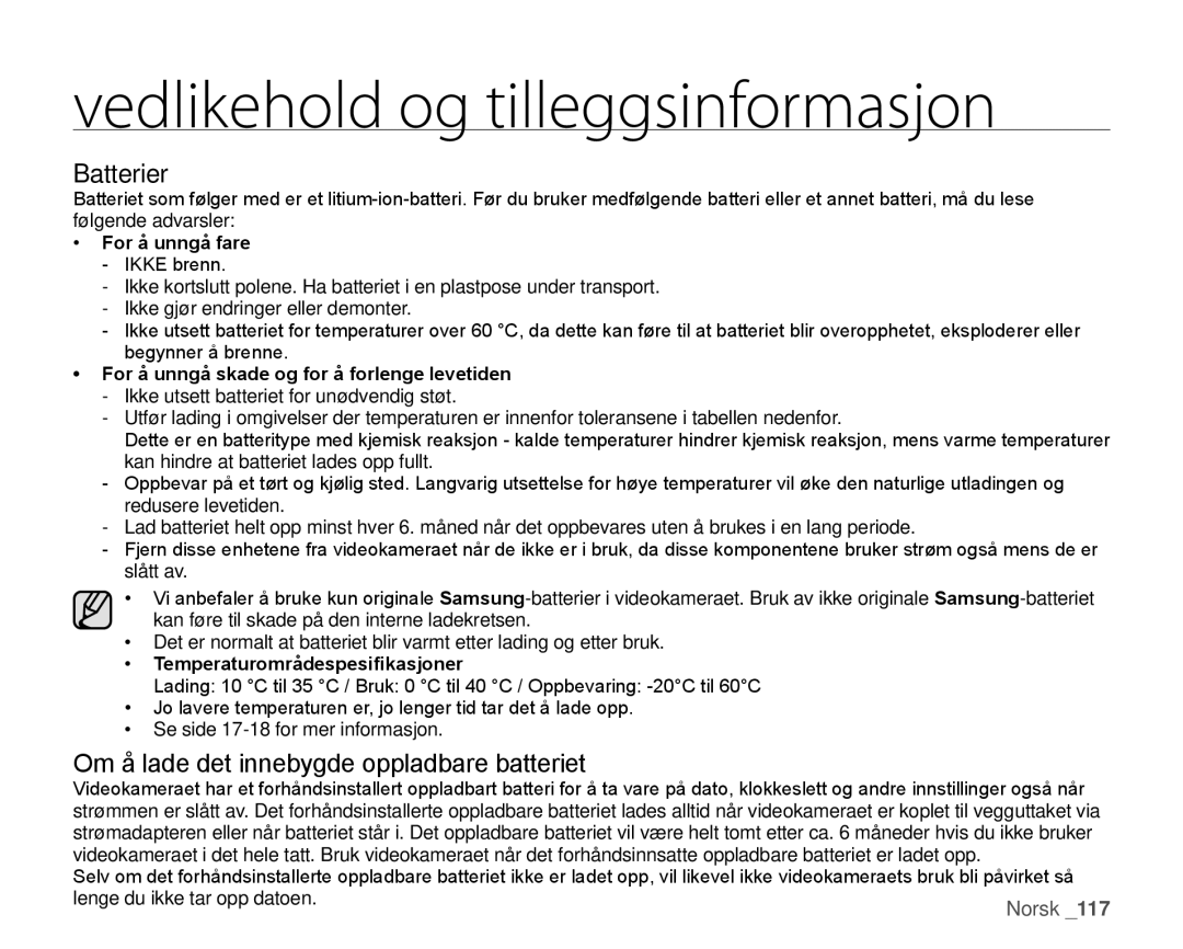 Samsung HMX-H100P/EDC, HMX-H105BP/EDC manual Batterier, Om å lade det innebygde oppladbare batteriet, For å unngå fare 