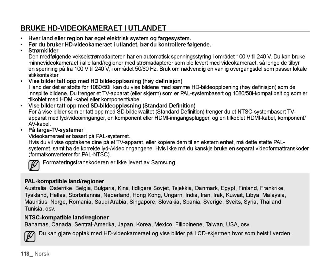 Samsung HMX-H104BP/EDC manual Bruke HD-VIDEOKAMERAET I Utlandet, Vise bilder tatt opp med HD bildeoppløsning høy definisjon 