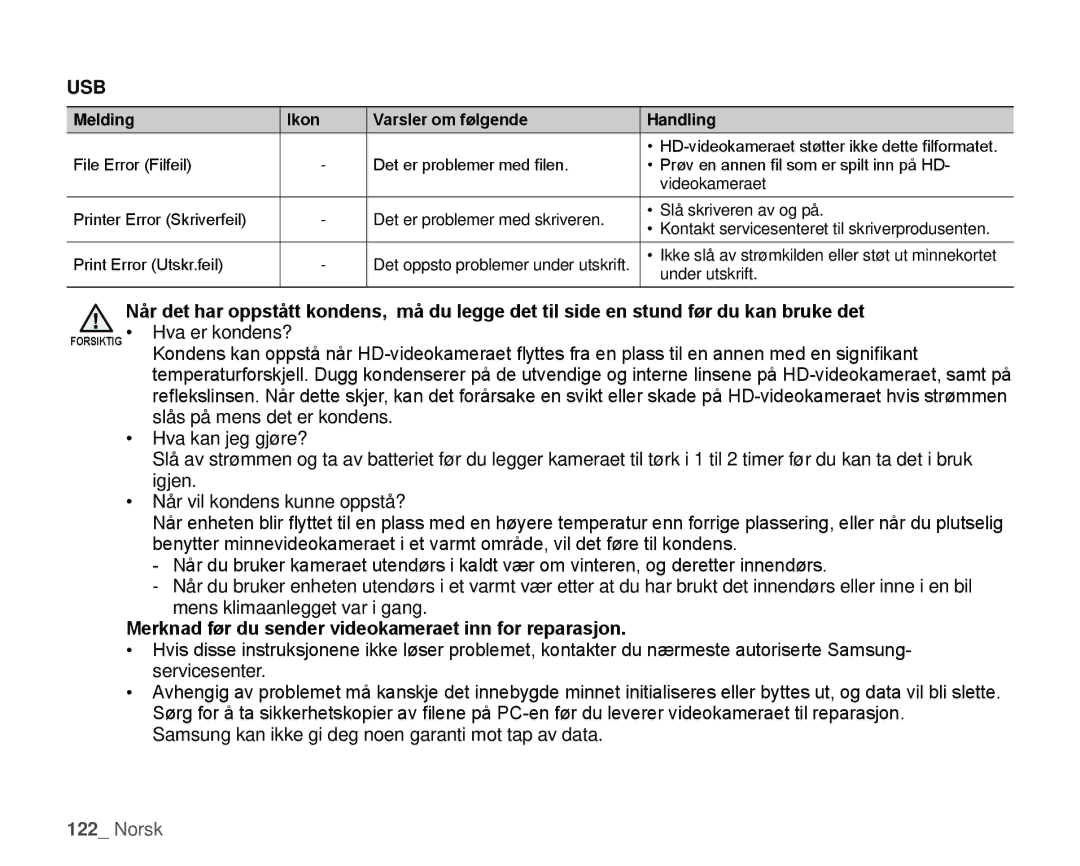 Samsung HMX-H100P/EDC, HMX-H105BP/EDC, HMX-H106SP/EDC, HMX-H104BP/EDC Merknad før du sender videokameraet inn for reparasjon 