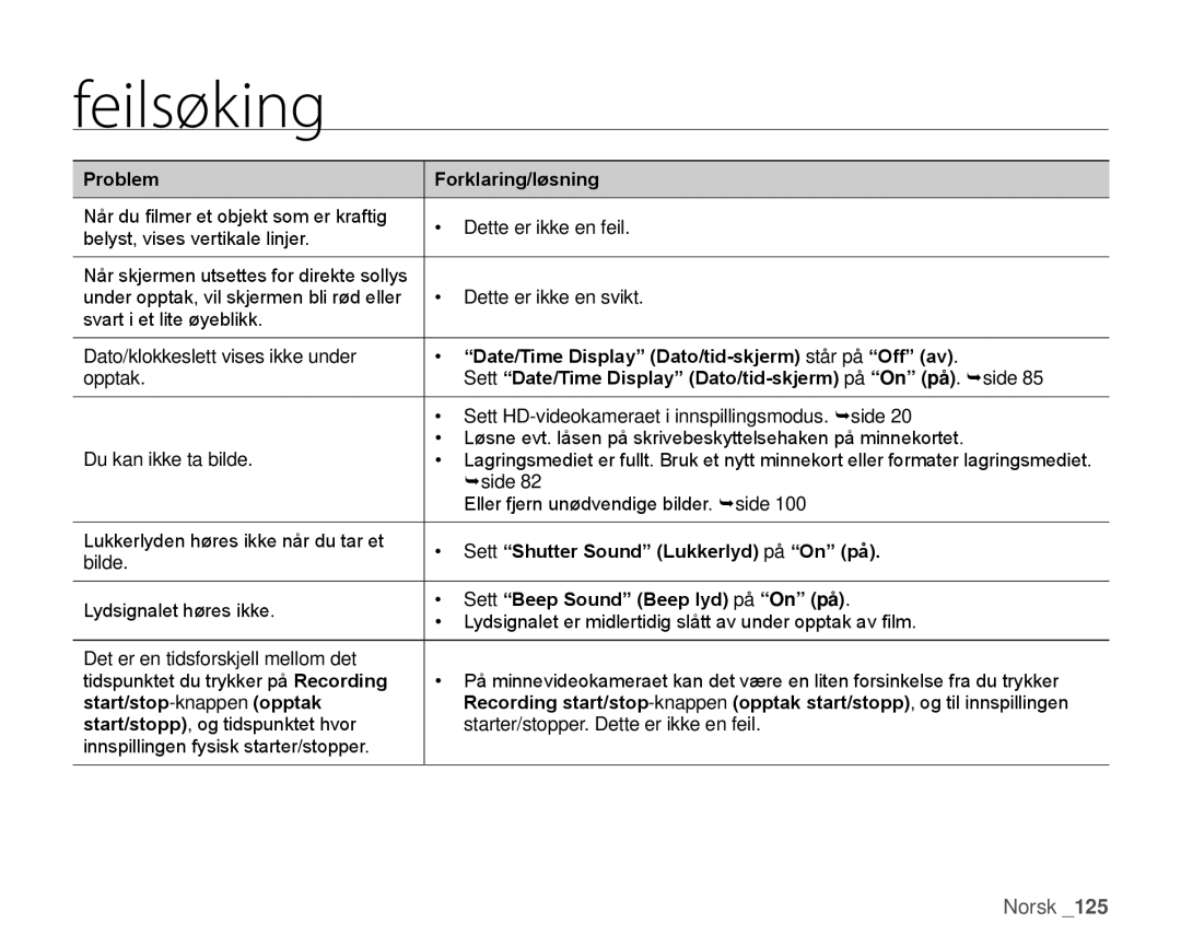 Samsung HMX-H105BP/EDC manual Date/Time Display Dato/tid-skjerm står på Off av, Sett Shutter Sound Lukkerlyd på On på 