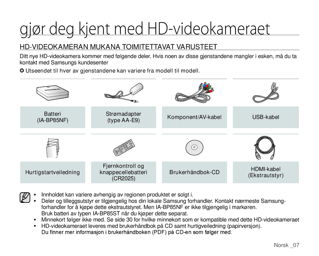 Samsung HMX-H100P/EDC HD-VIDEOKAMERAN Mukana Toimitettavat Varusteet, USB-kabel, IA-BP85NF, Fjernkontroll og HDMI-kabel 