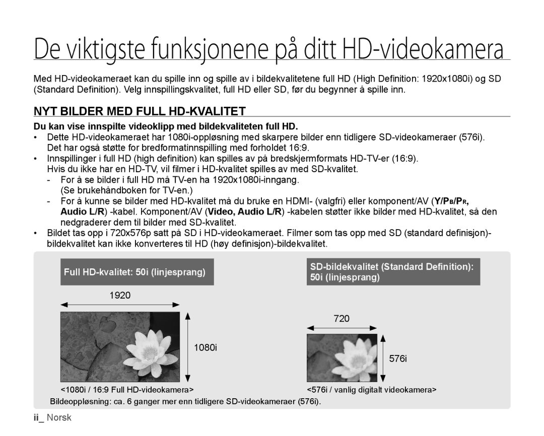 Samsung HMX-H100P/EDC manual NYT Bilder MED Full HD-KVALITET, Du kan vise innspilte videoklipp med bildekvaliteten full HD 