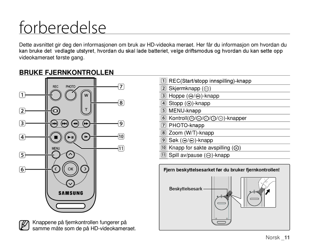 Samsung HMX-H106SP/EDC, HMX-H105BP/EDC, HMX-H100P/EDC, HMX-H104BP/EDC, HMX-H1000P/EDC Forberedelse, Bruke Fjernkontrollen 