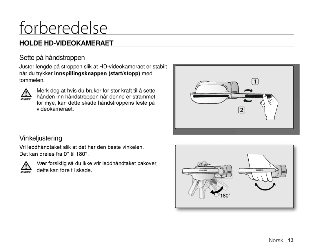 Samsung HMX-H104BP/EDC, HMX-H105BP/EDC, HMX-H106SP/EDC manual Holde HD-VIDEOKAMERAET, Sette på håndstroppen, Vinkeljustering 