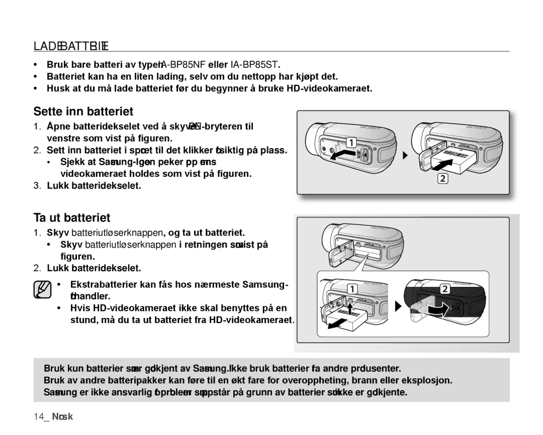 Samsung HMX-H1000P/EDC, HMX-H105BP/EDC, HMX-H106SP/EDC, HMX-H100P/EDC Lade Batteriet, Sette inn batteriet, Ta ut batteriet 