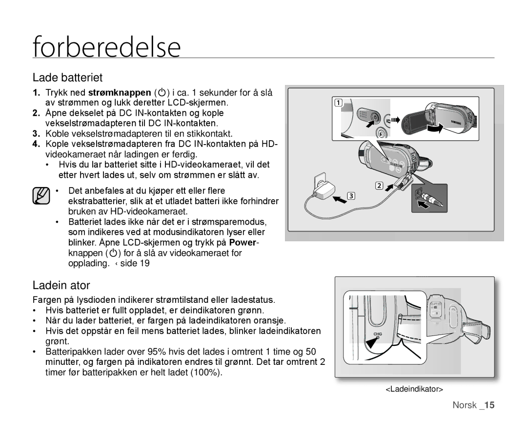 Samsung HMX-H105BP/EDC, HMX-H106SP/EDC, HMX-H100P/EDC, HMX-H104BP/EDC, HMX-H1000P/EDC manual Lade batteriet, Ladein ator 