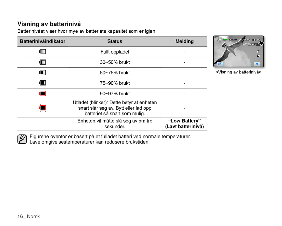 Samsung HMX-H106SP/EDC manual Visning av batterinivå, Status Melding, Batterinivåindikator, Low Battery, Lavt batterinivå 