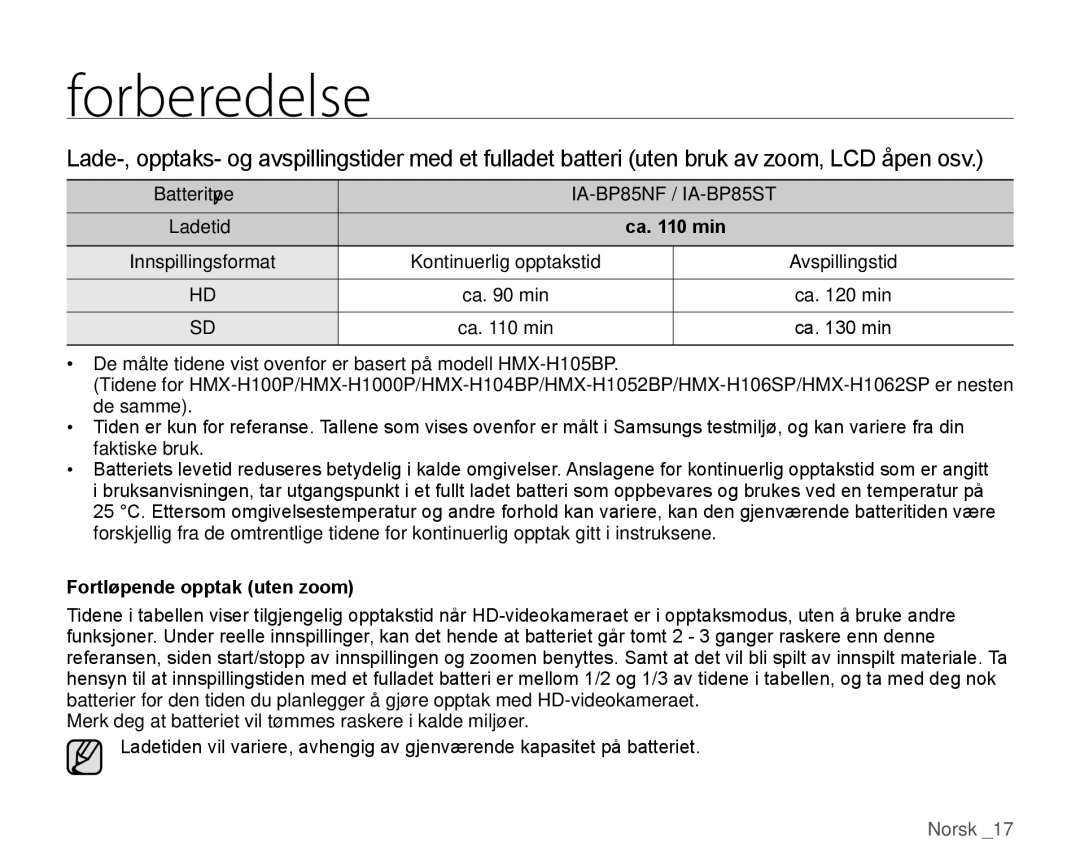 Samsung HMX-H100P/EDC, HMX-H105BP/EDC, HMX-H106SP/EDC manual Batteritype, Fortløpende opptak uten zoom, Ladetid Ca min 