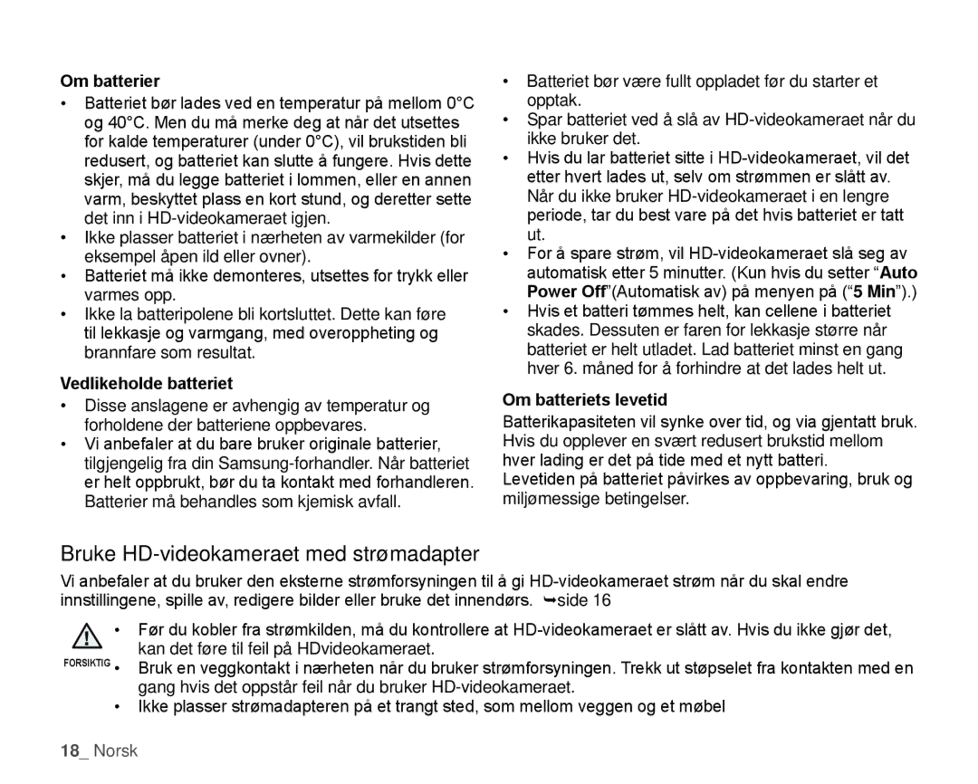 Samsung HMX-H104BP/EDC, HMX-H105BP/EDC manual Bruke HD-videokameraet med strømadapter, Om batterier, Vedlikeholde batteriet 