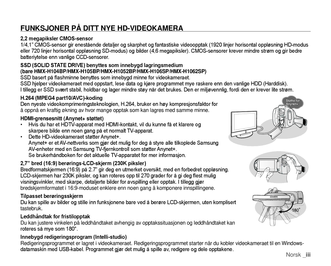 Samsung HMX-H104BP/EDC, HMX-H105BP/EDC, HMX-H106SP/EDC, HMX-H100P/EDC, HMX-H1000P/EDC Funksjoner PÅ Ditt NYE HD-VIDEOKAMERA 