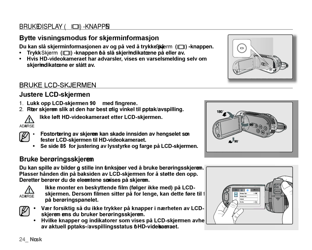 Samsung HMX-H1000P/EDC manual Bruke Display -KNAPPEN, Bytte visningsmodus for skjerminformasjon, BRuKE LCD-SKJERMEn 