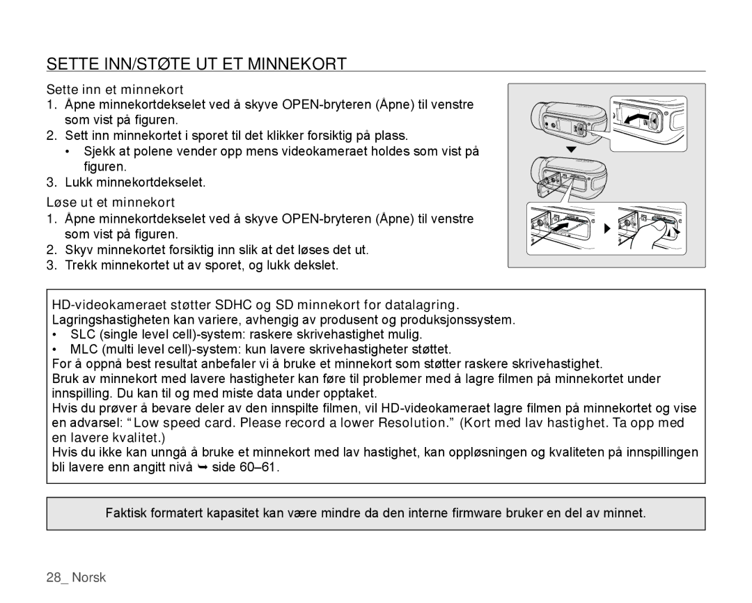 Samsung HMX-H104BP/EDC, HMX-H105BP/EDC manual Sette INN/STØTE UT ET Minnekort, Sette inn et minnekort, Løse ut et minnekort 