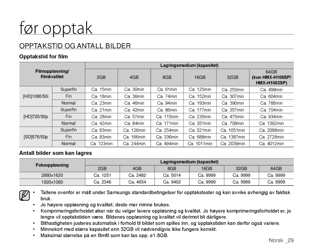 Samsung HMX-H1000P/EDC, HMX-H105BP/EDC manual Opptakstid OG Antall Bilder, Opptakstid for film, Antall bilder som kan lagres 