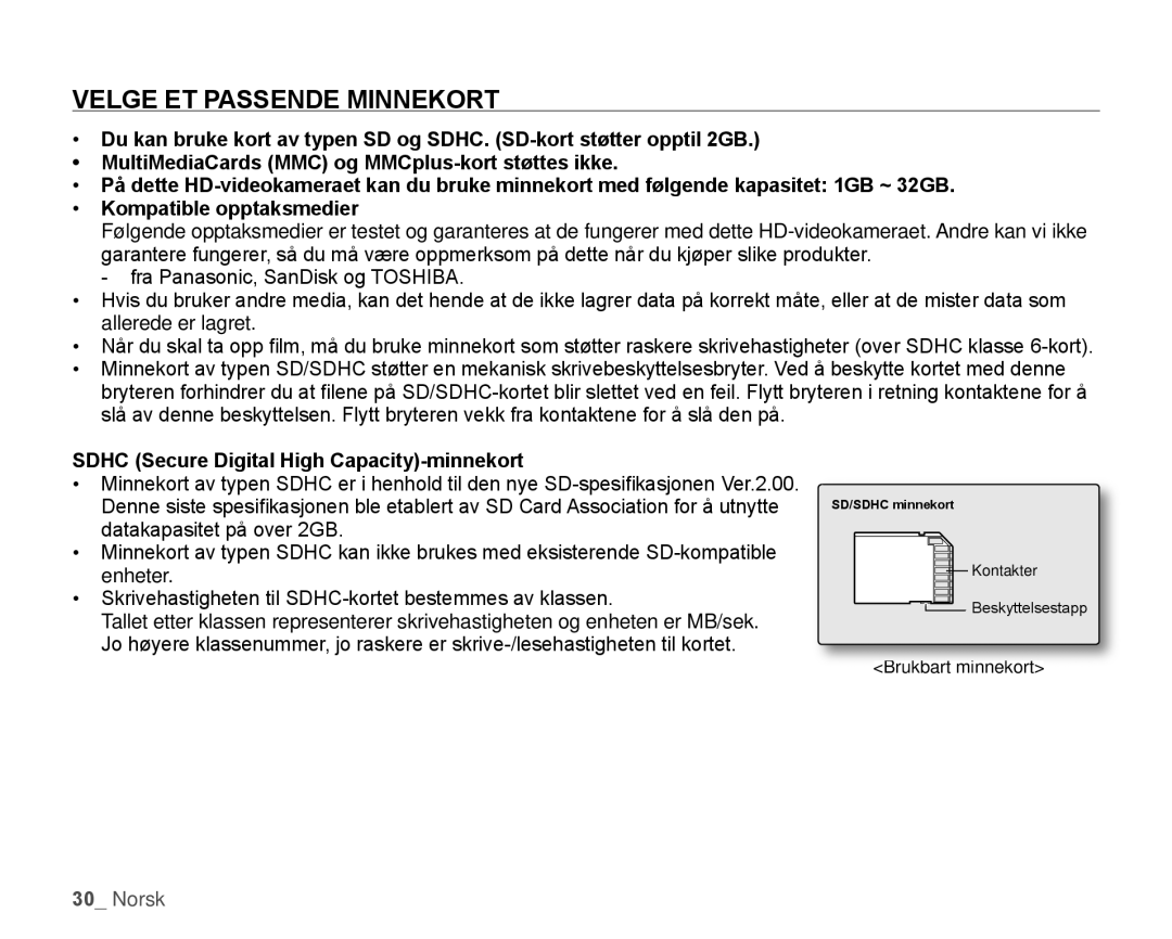 Samsung HMX-H105BP/EDC, HMX-H106SP/EDC manual Velge ET PASSEnDE MInnEKORT, Sdhc Secure Digital High Capacity-minnekort 