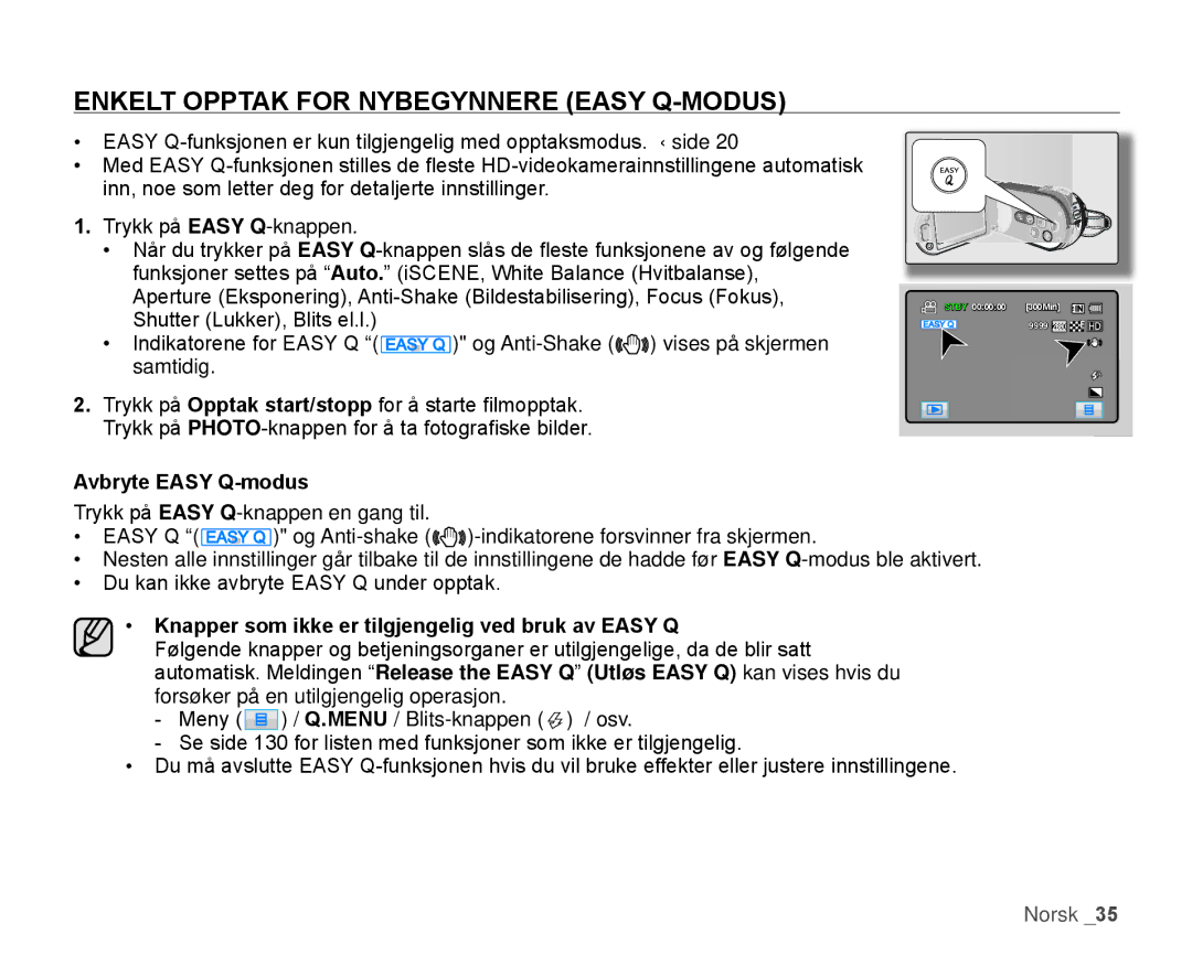 Samsung HMX-H105BP/EDC, HMX-H106SP/EDC, HMX-H100P/EDC manual EnKELT Opptak for nYBEGYnnERE Easy Q-MODuS, Avbryte Easy Q-modus 