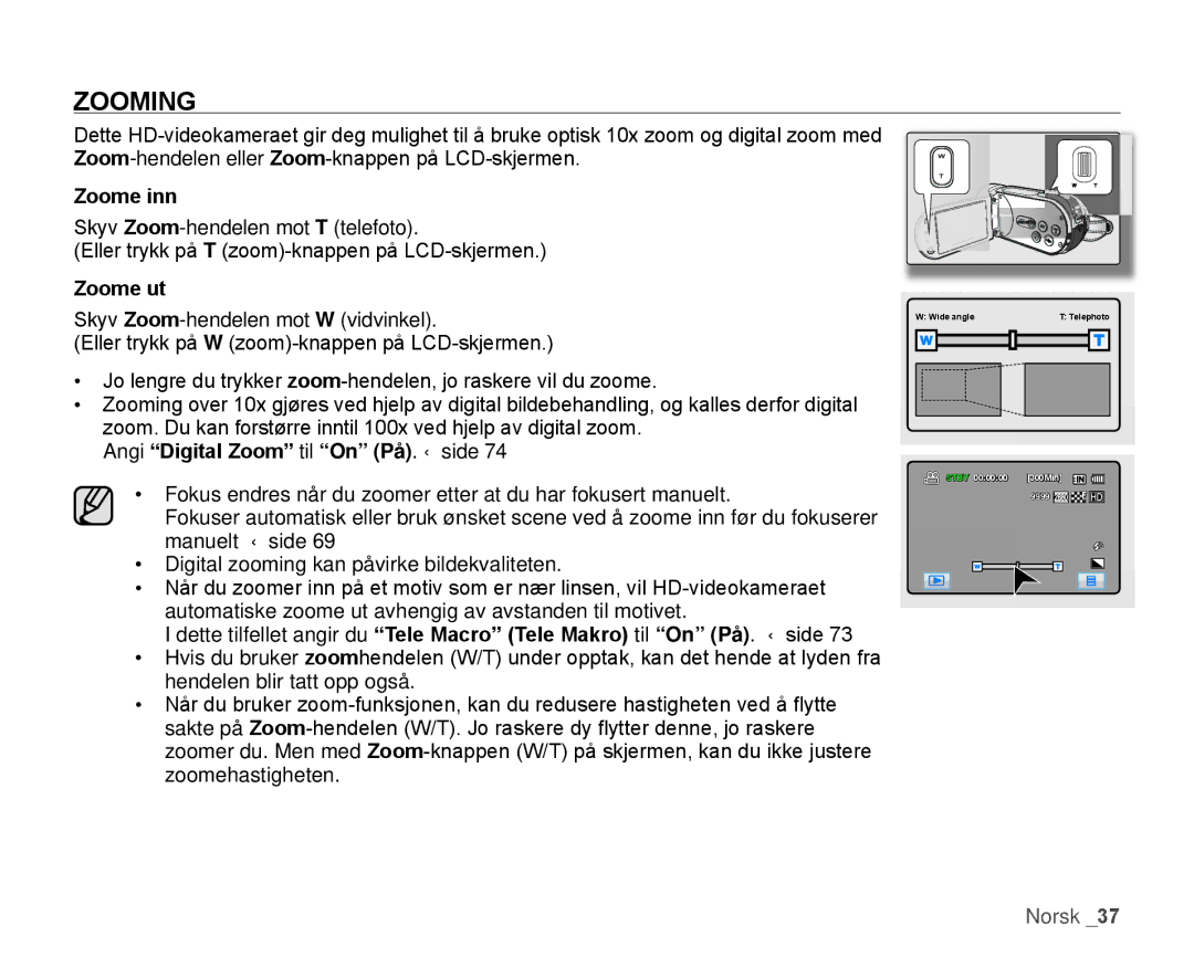 Samsung HMX-H100P/EDC, HMX-H105BP/EDC, HMX-H106SP/EDC manual ZOOMInG, Zoome inn, Zoome ut, Angi Digital Zoom til On På. side 