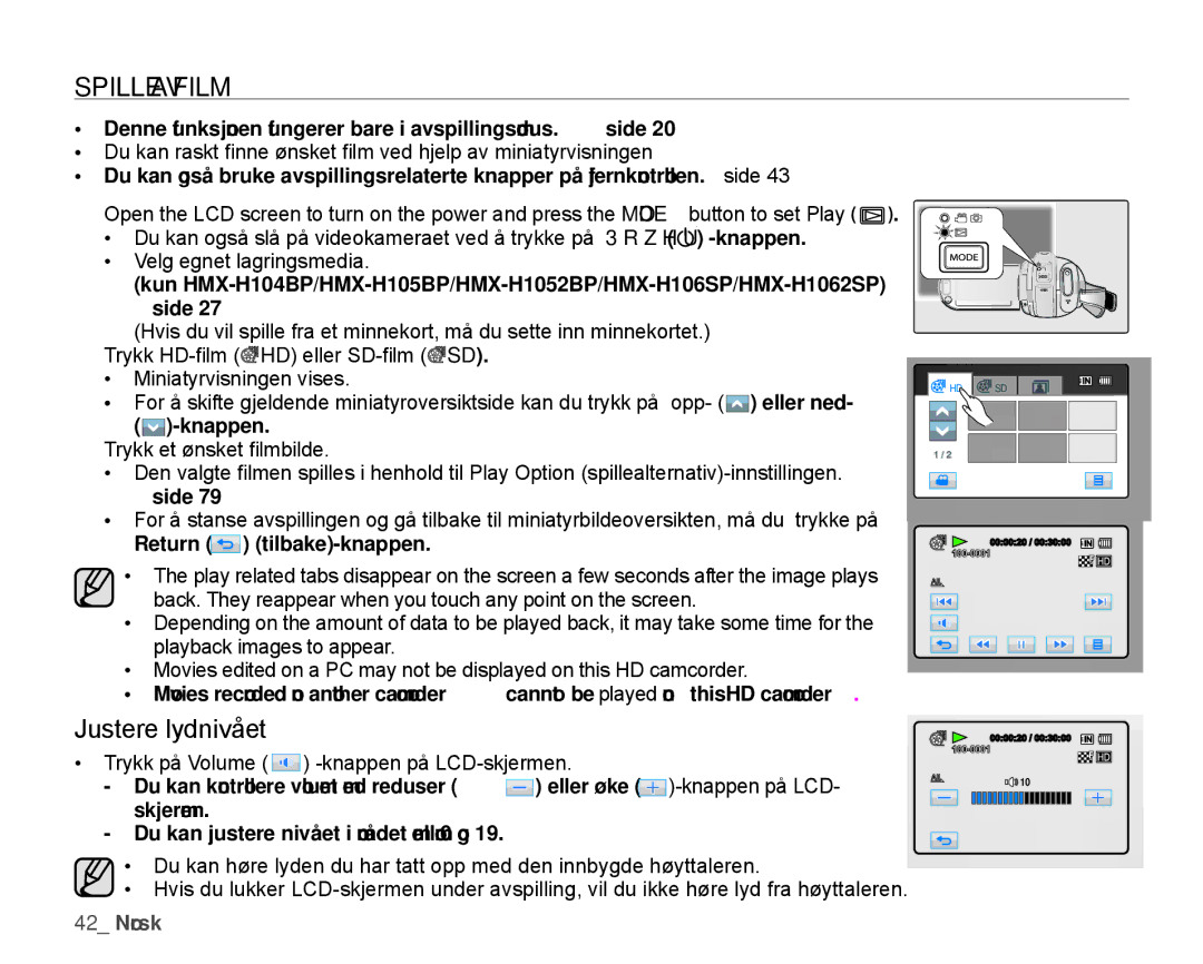 Samsung HMX-H100P/EDC, HMX-H105BP/EDC, HMX-H106SP/EDC, HMX-H104BP/EDC, HMX-H1000P/EDC manual Spille AV Film, Justere lydnivået 