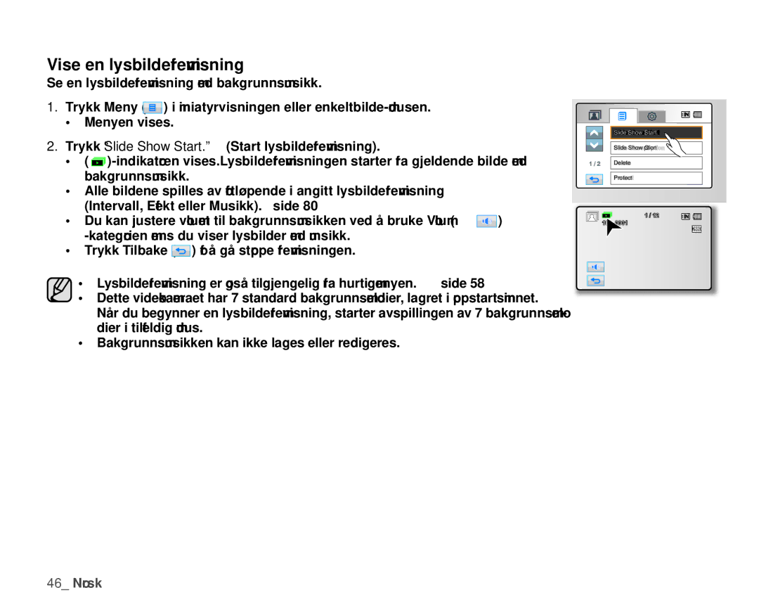 Samsung HMX-H106SP/EDC, HMX-H105BP/EDC, HMX-H100P/EDC, HMX-H104BP/EDC, HMX-H1000P/EDC manual Vise en lysbildefremvisning 