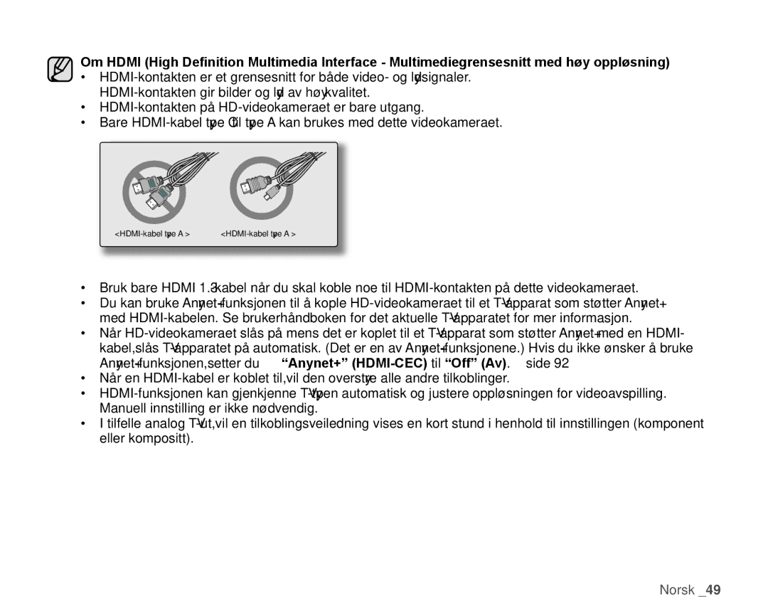 Samsung HMX-H1000P/EDC, HMX-H105BP/EDC, HMX-H106SP/EDC, HMX-H100P/EDC, HMX-H104BP/EDC manual HDMI-kabel type a 