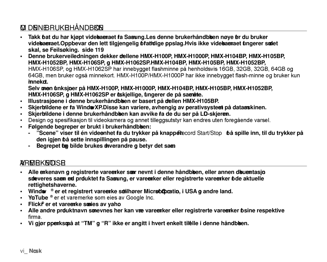 Samsung HMX-H106SP/EDC, HMX-H105BP/EDC, HMX-H100P/EDC, HMX-H104BP/EDC manual OM Denne Brukerhåndboken, Varemerkenotiser 