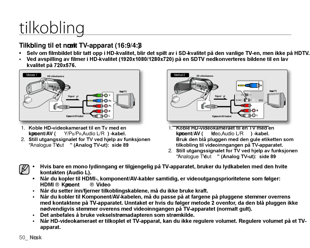 Samsung HMX-H105BP/EDC, HMX-H106SP/EDC Tilkobling til et normalt TV-apparat 169/43, Komponent/AV Video, Audio L/R -kabel 