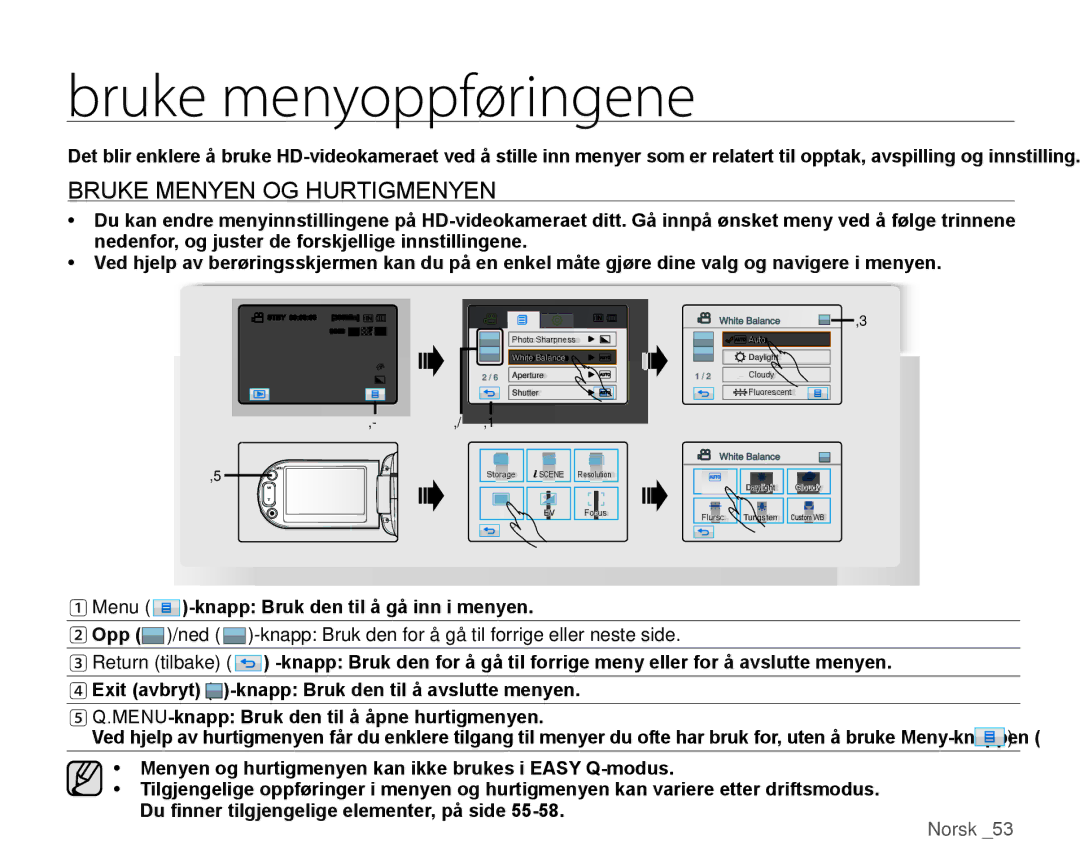 Samsung HMX-H104BP/EDC, HMX-H105BP/EDC, HMX-H106SP/EDC, HMX-H100P/EDC Bruke menyoppføringene, BRuKE MEnYEn OG HuRTIGMEnYEn 