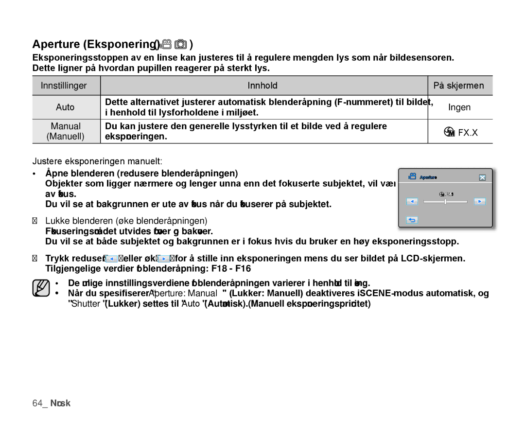 Samsung HMX-H1000P/EDC, HMX-H105BP/EDC, HMX-H106SP/EDC Aperture Eksponering, Manuell, Justere eksponeringen manuelt, Manual 