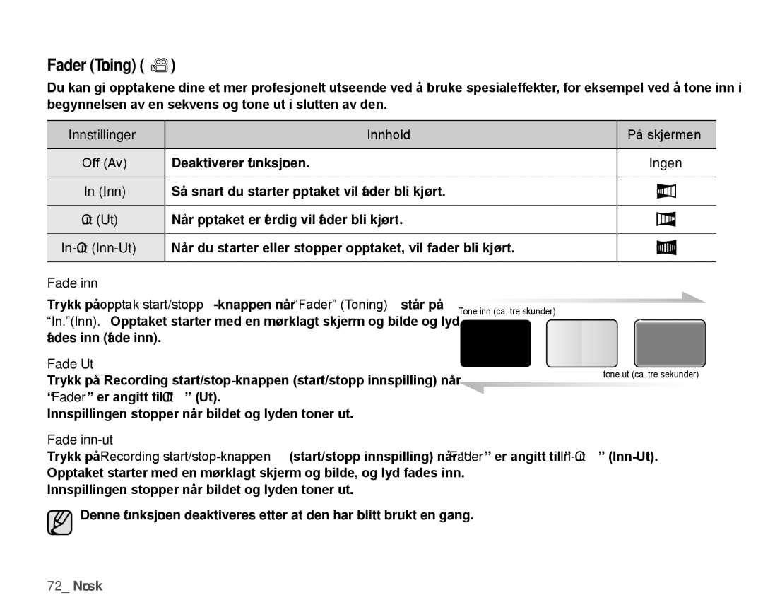 Samsung HMX-H100P/EDC, HMX-H105BP/EDC Fader Toning, Så snart du starter opptaket vil fader bli kjørt, Fade Ut, Fade inn-ut 