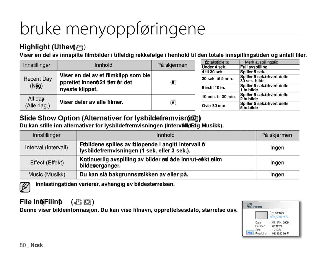 Samsung HMX-H105BP/EDC manual Highlight Uthev, Slide Show Option Alternativer for lysbildefremvisning, File Info Filinfo 