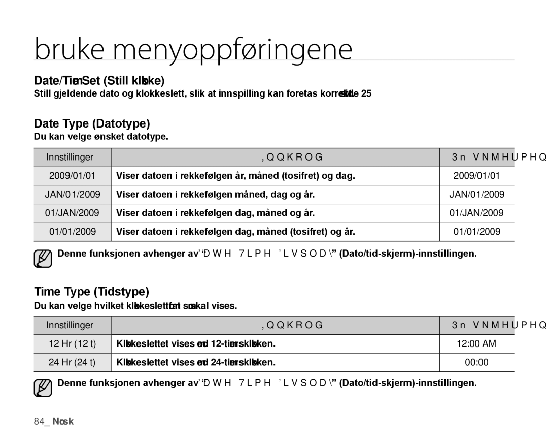 Samsung HMX-H1000P/EDC, HMX-H105BP/EDC, HMX-H106SP/EDC Date/Time Set Still klokke, Date Type Datotype, Time Type Tidstype 