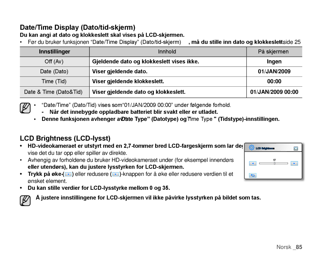 Samsung HMX-H105BP/EDC, HMX-H106SP/EDC, HMX-H100P/EDC manual Date/Time Display Dato/tid-skjerm, LCD Brightness LCD-lysst 