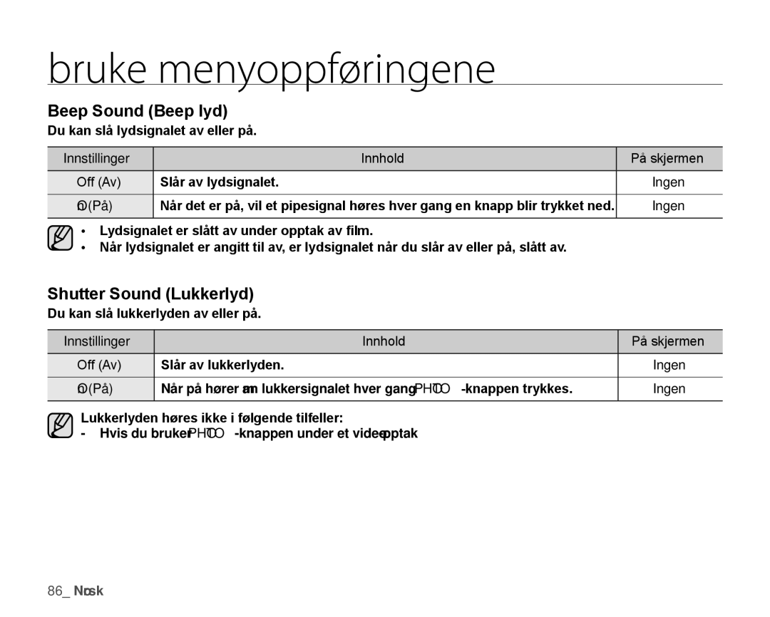 Samsung HMX-H106SP/EDC manual Beep Sound Beep lyd, Shutter Sound Lukkerlyd, Slår av lydsignalet, Slår av lukkerlyden 