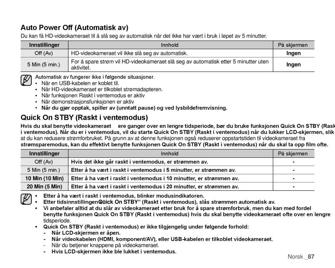 Samsung HMX-H100P/EDC, HMX-H105BP/EDC, HMX-H106SP/EDC manual Auto Power Off Automatisk av, Quick On Stby Raskt i ventemodus 