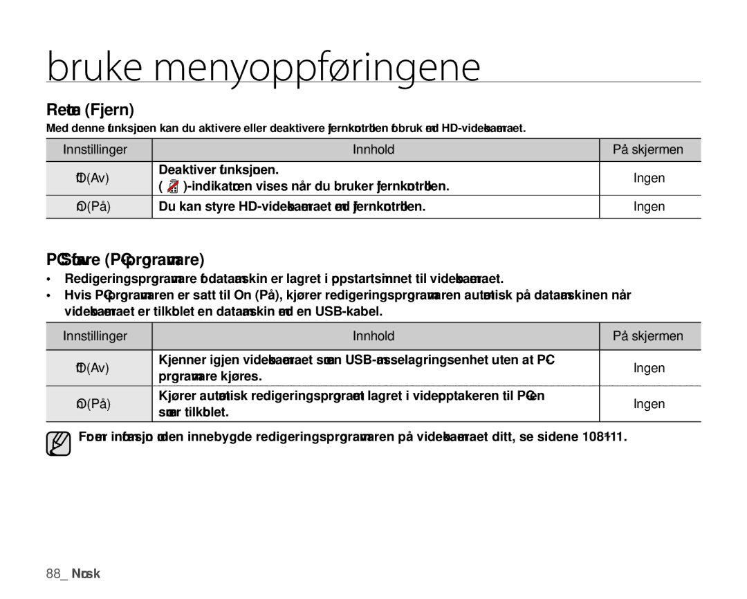 Samsung HMX-H104BP/EDC, HMX-H105BP/EDC, HMX-H106SP/EDC, HMX-H100P/EDC manual Remote Fjern, PC Software PC-programvare 