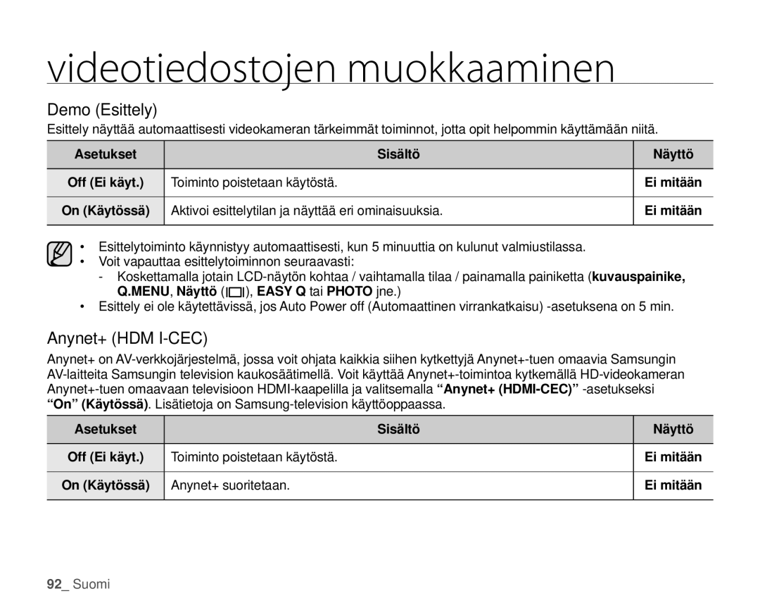 Samsung HMX-H100P/EDC, HMX-H105BP/EDC, HMX-H106SP/EDC, HMX-H104BP/EDC Demo Esittely, Anynet+ HDM I-CEC, Anynet+ suoritetaan 