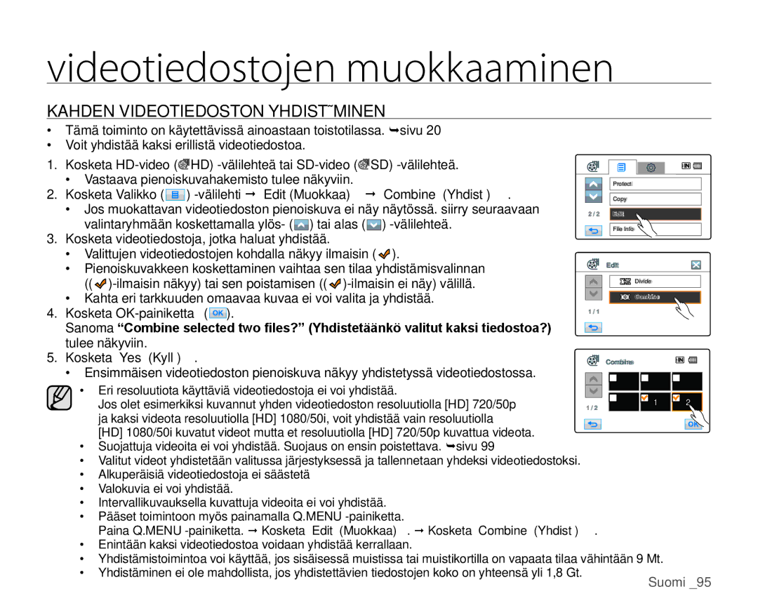 Samsung HMX-H105BP/EDC, HMX-H106SP/EDC manual Kahden Videotiedoston Yhdistäminen, Välilehti  EditMuokkaa  Combine Yhdistä 