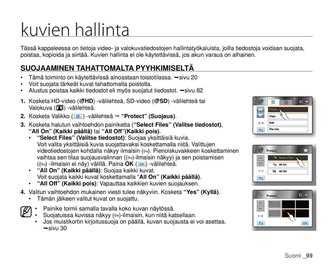 Samsung HMX-H1000P/EDC Kuvien hallinta, Suojaaminen Tahattomalta Pyyhkimiseltä, All On Kaikki päällä Suojaa kaikki kuvat 
