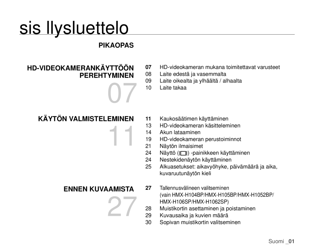 Samsung HMX-H106SP/EDC, HMX-H105BP/EDC, HMX-H100P/EDC manual Sisällysluettelo, Pikaopas HD-VIDEOKAMERANKÄYTTÖÖN Perehtyminen 