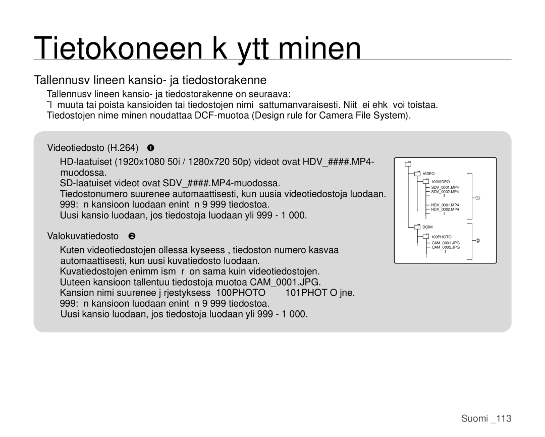 Samsung HMX-H104BP/EDC manual Tallennusvälineen kansio- ja tiedostorakenne, Videotiedosto H.264 , Valokuvatiedosto  