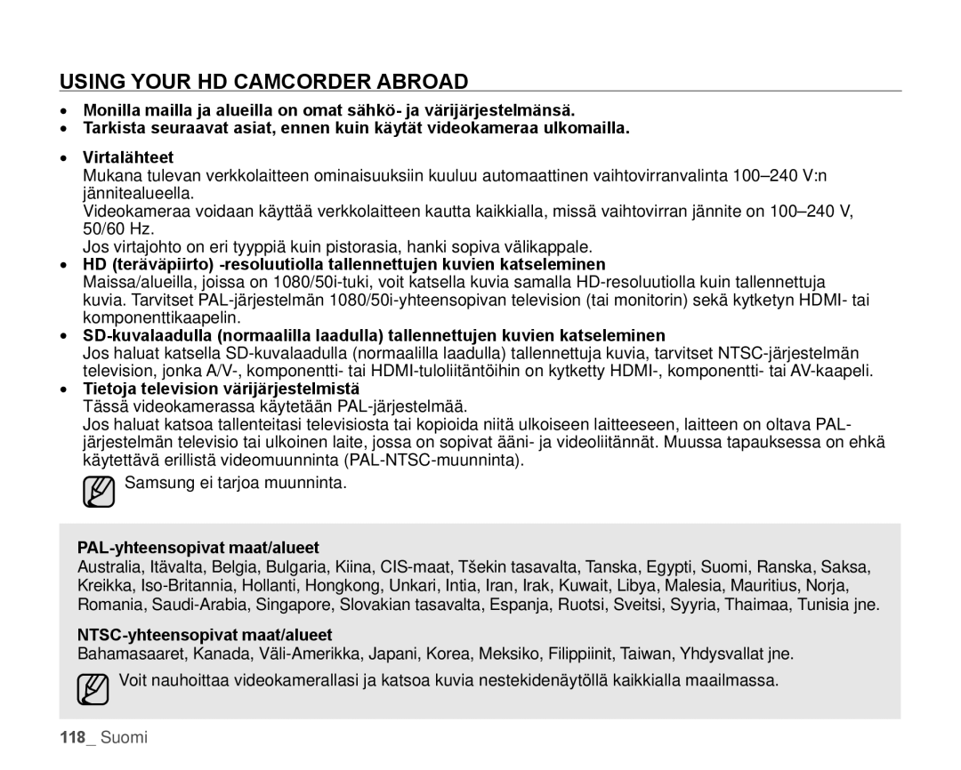 Samsung HMX-H104BP/EDC, HMX-H105BP/EDC, HMX-H100P/EDC Using Your HD Camcorder Abroad, Tietoja television värijärjestelmistä 