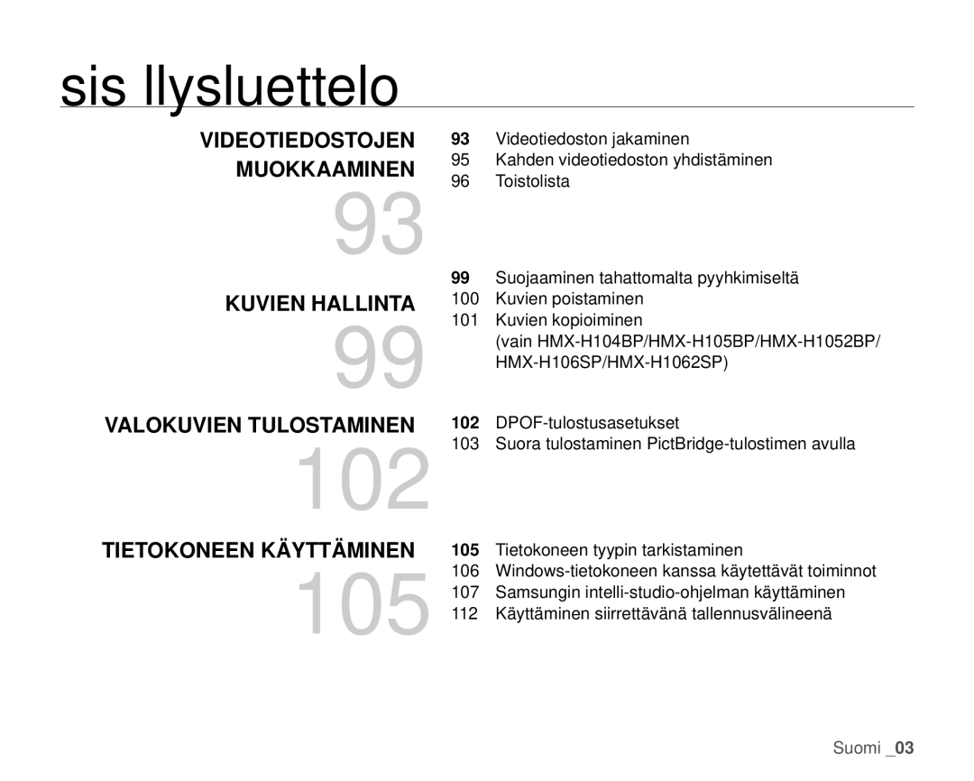 Samsung HMX-H104BP/EDC, HMX-H105BP/EDC, HMX-H106SP/EDC, HMX-H100P/EDC, HMX-H1000P/EDC manual Tietokoneen Käyttäminen 