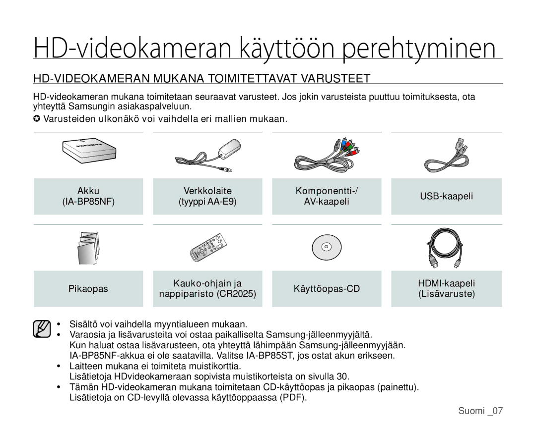 Samsung HMX-H100P/EDC, HMX-H105BP/EDC manual HD-VIDEOKAMERAN Mukana Toimitettavat Varusteet, IA-BP85NF, Tyyppi AA-E9 